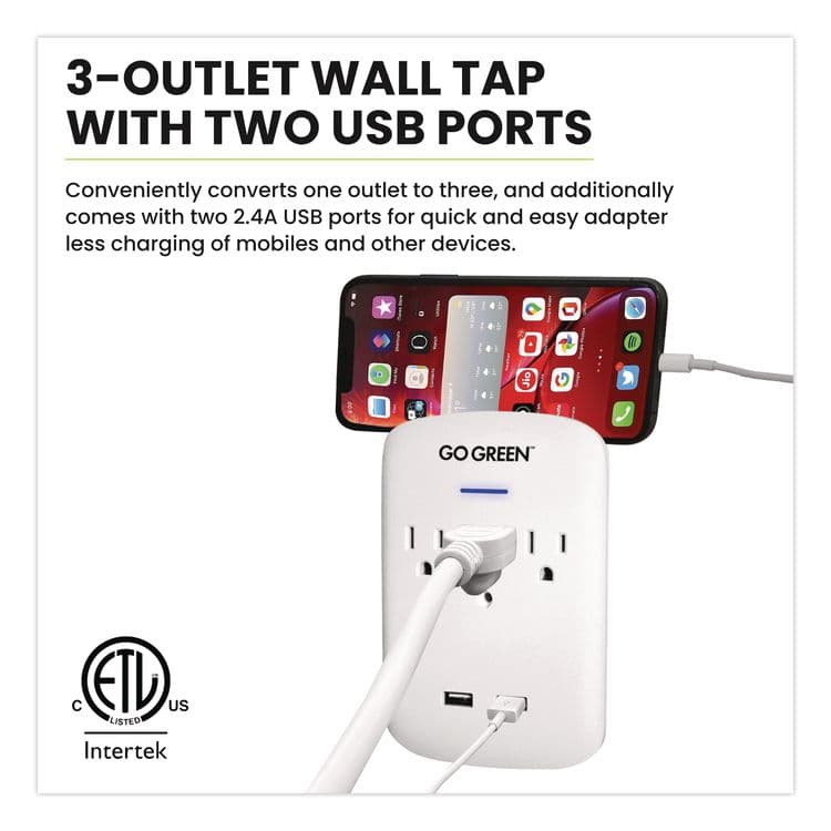 GOGREEN POWER 3 Outlet 2 USB Wall Tap, 735 J, White (GGPGG13000USB2) thumbnail 3