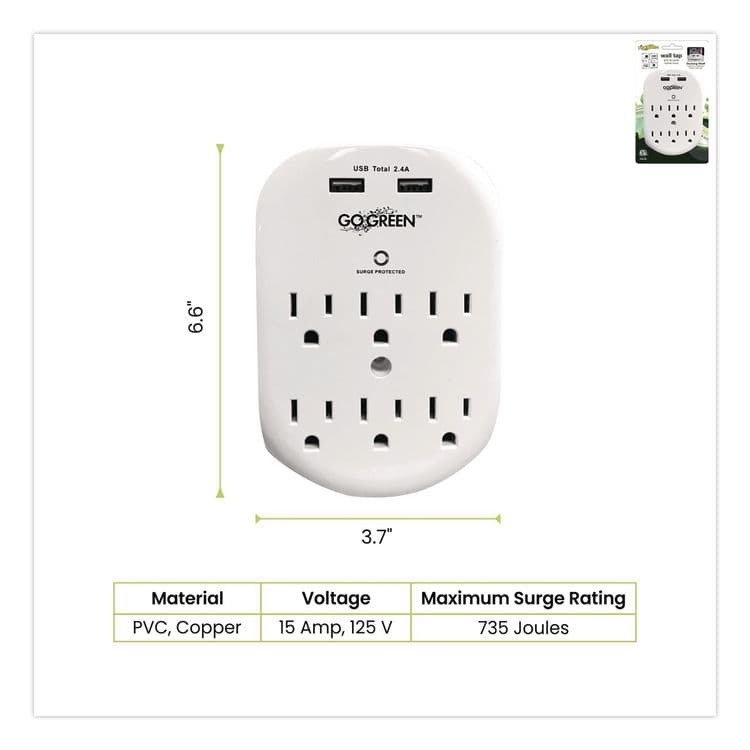 GOGREEN POWER 6 Outlet 4 USB Wall Tap, 735 J, White (GGPGG16000USB4) thumbnail 2