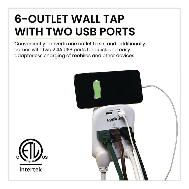 GOGREEN POWER 6 Outlet 4 USB Wall Tap, 735 J, White (GGPGG16000USB4) thumbnail 3