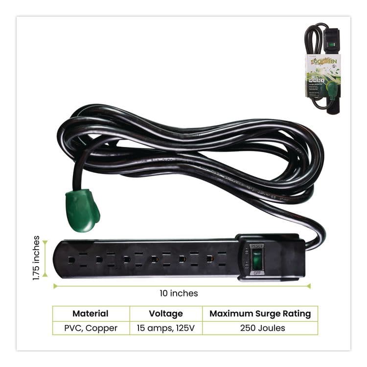 GOGREEN POWER 6 Outlet Surge Protector, 6 ft Cord, 250 J, Black (GGPGG16106MSBK) thumbnail 2
