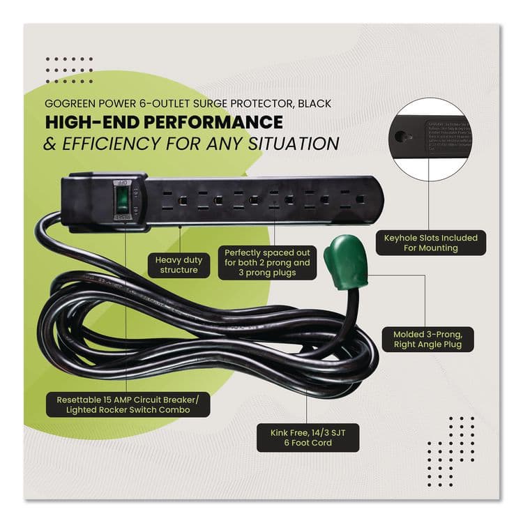 GOGREEN POWER 6 Outlet Surge Protector, 6 ft Cord, 250 J, Black (GGPGG16106MSBK) thumbnail 4