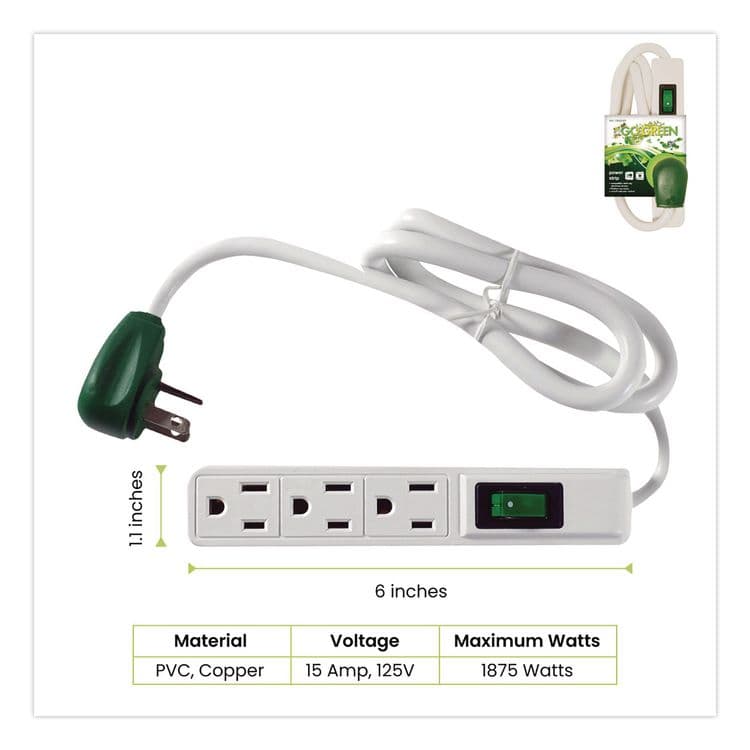 GOGREEN POWER 3 Outlet Power Strip, 2.5 ft Cord, White, 3/Pack (GGPGG13002MS3) thumbnail 2