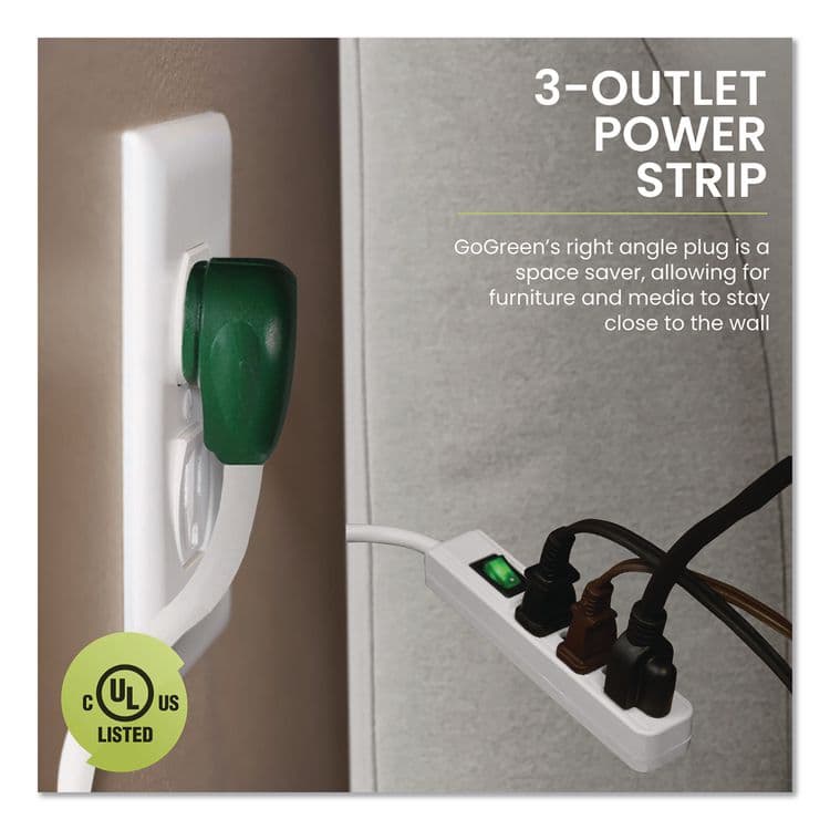 GOGREEN POWER 3 Outlet Power Strip, 2.5 ft Cord, White, 3/Pack (GGPGG13002MS3) thumbnail 3