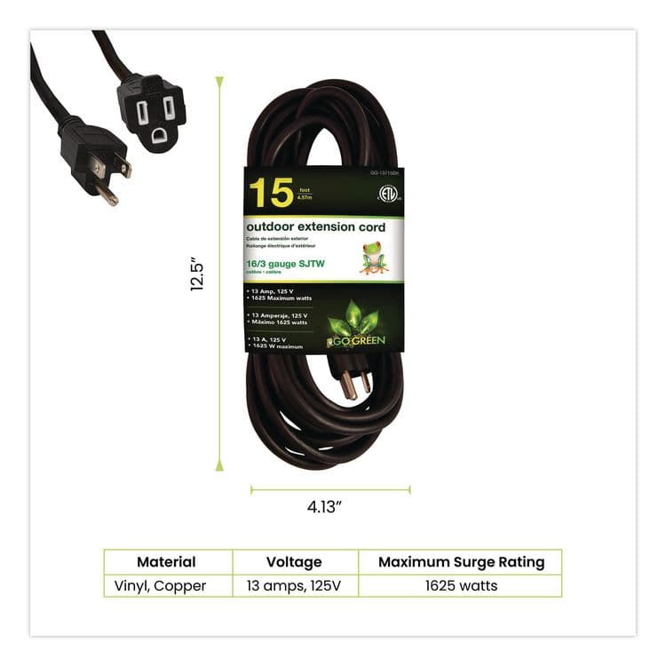 GOGREEN POWER 16 AWG Outdoor Extension Cord, 15 ft, 13 A, Black (GGPGG13715BK) thumbnail 2
