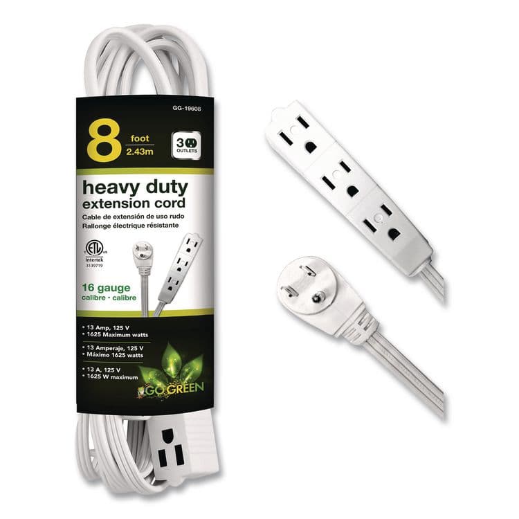 GOGREEN POWER 3 Outlet Indoor Extension Cord, 8 ft, 13 A, White (GGPGG19608)