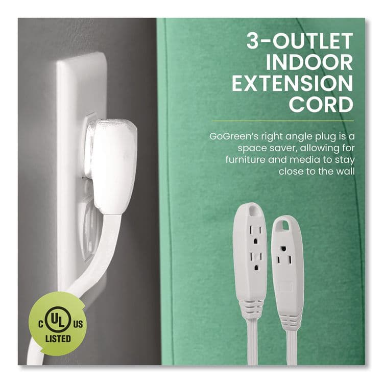 GOGREEN POWER 3 Outlet Indoor Extension Cord, 8 ft, 13 A, White (GGPGG19608) thumbnail 3