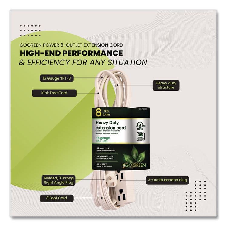 GOGREEN POWER 3 Outlet Indoor Extension Cord, 8 ft, 13 A, White (GGPGG19608) thumbnail 4