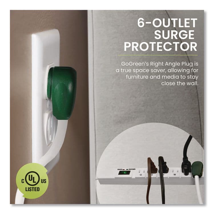 GOGREEN POWER 6 Outlet Surge Protector, 15 ft Cord, 1,200 J, White (GGPGG1631515) thumbnail 2