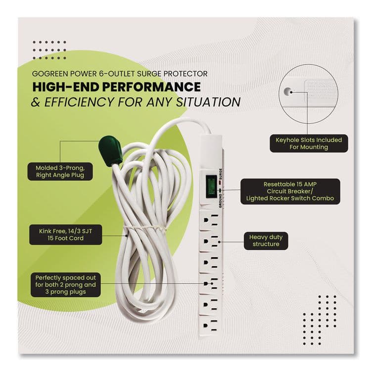 GOGREEN POWER 6 Outlet Surge Protector, 15 ft Cord, 1,200 J, White (GGPGG1631515) thumbnail 4