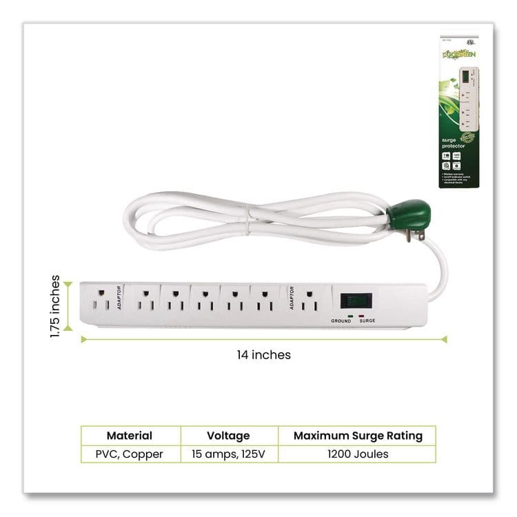 GOGREEN POWER 7 Outlet Surge Protector, 6 ft Cord, 1,200 J, White (GGPGG17636) thumbnail 2