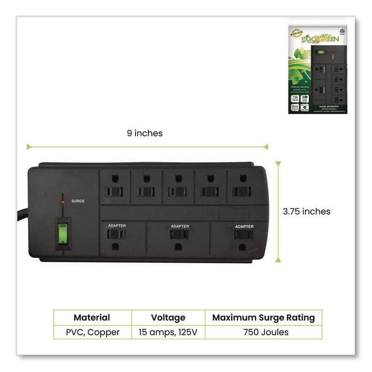 GOGREEN POWER 8 Outlet Surge Protector, 6 ft Cord, 750 J, Black (GGPGG18316BK) thumbnail 2