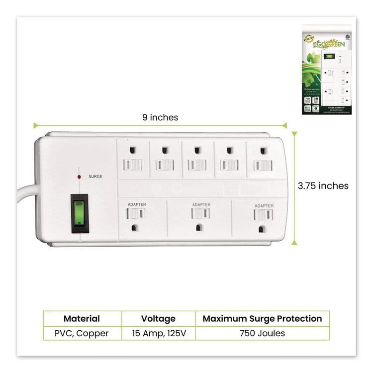 GOGREEN POWER 8 Outlet Surge Protector, 6 ft Cord, 750 J, White (GGPGG18316WH) thumbnail 2