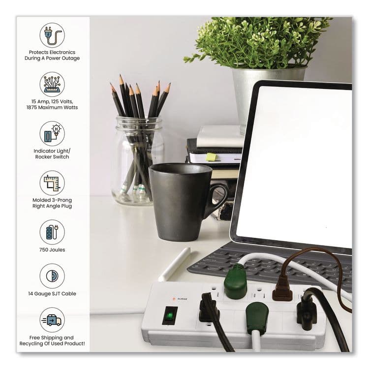 GOGREEN POWER 8 Outlet Surge Protector, 6 ft Cord, 750 J, White (GGPGG18316WH) thumbnail 4