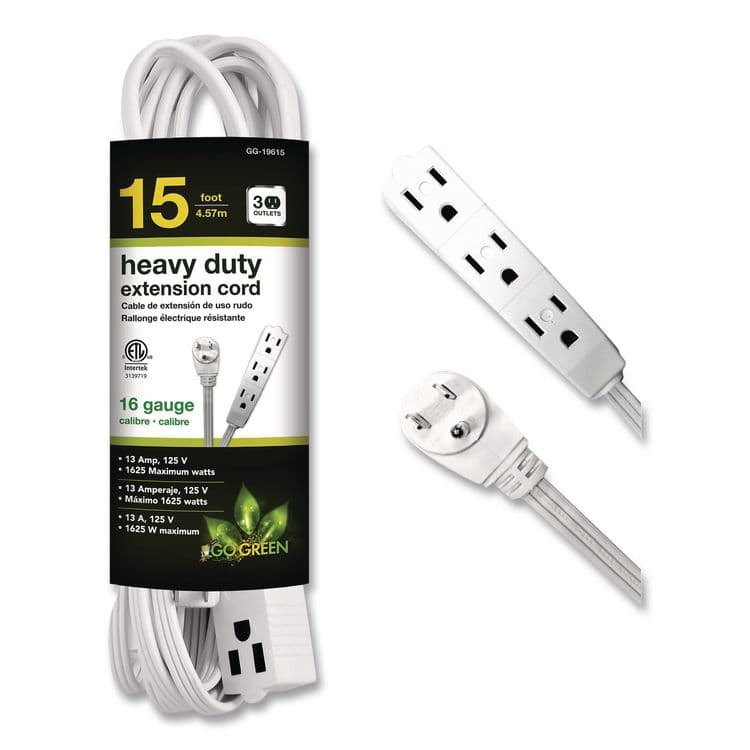 GOGREEN POWER 3 Outlet Indoor Extension Cord, 15 ft, 13 A, White (GGPGG19615)