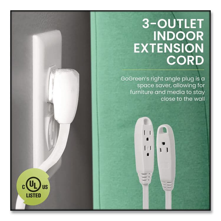 GOGREEN POWER 3 Outlet Indoor Extension Cord, 15 ft, 13 A, White (GGPGG19615) thumbnail 3