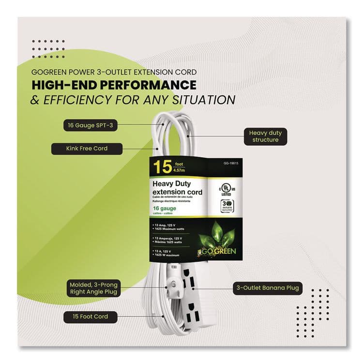 GOGREEN POWER 3 Outlet Indoor Extension Cord, 15 ft, 13 A, White (GGPGG19615) thumbnail 4