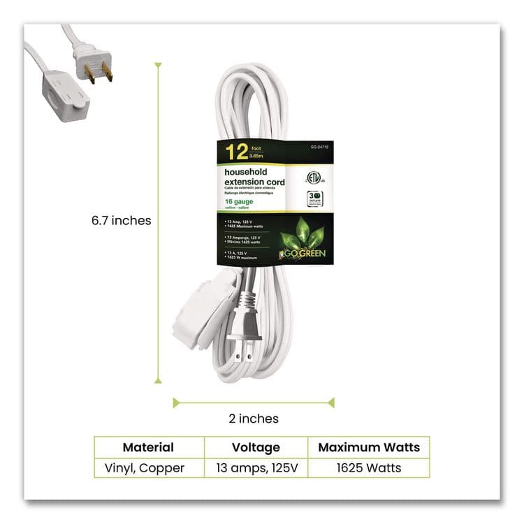 GOGREEN POWER Household Extension Cord, 12 ft, 13 A, White, 3/Pack (GGPGG247123) thumbnail 2