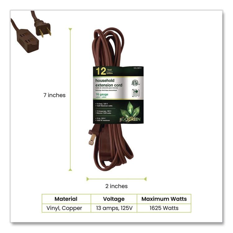 GOGREEN POWER Household Extension Cord, 12 ft, 13 A, Brown, 3/Pack (GGPGG248123) thumbnail 2