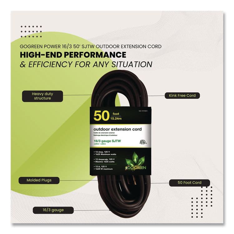 GOGREEN POWER 16 AWG Outdoor Extension Cord, 50 ft, 13 A, Black (GGPGG13750BK) thumbnail 4