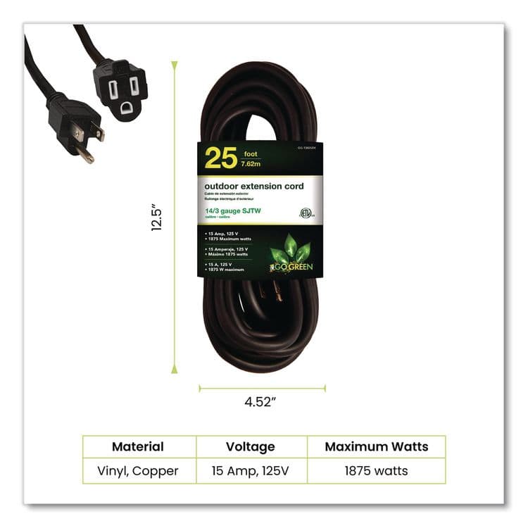 GOGREEN POWER 14 AWG Outdoor Extension Cord, 25 ft, 15 A, Black (GGPGG13825BK) thumbnail 2
