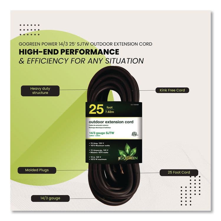 GOGREEN POWER 14 AWG Outdoor Extension Cord, 25 ft, 15 A, Black (GGPGG13825BK) thumbnail 3