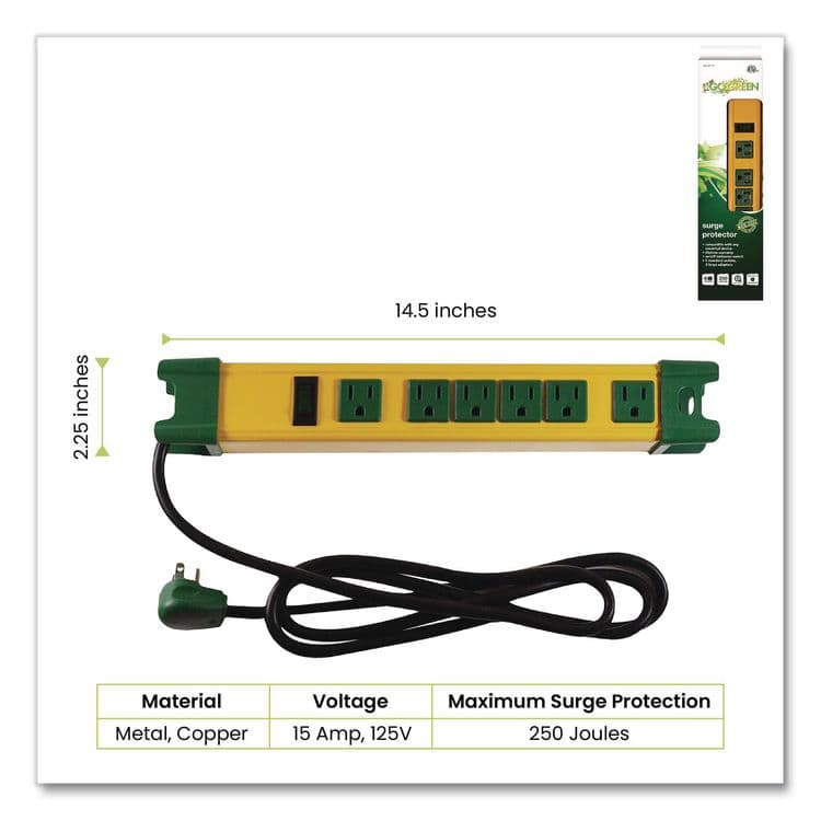 GOGREEN POWER 6 Outlet Metal Surge Protector, 6 ft Cord, 250 J, Yellow (GGPGG26114) thumbnail 2