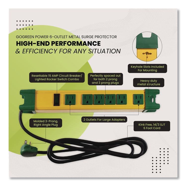 GOGREEN POWER 6 Outlet Metal Surge Protector, 6 ft Cord, 250 J, Yellow (GGPGG26114) thumbnail 4