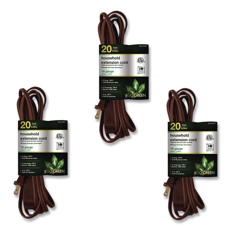 GOGREEN POWER Household Extension Cord, 20 ft, 13 A, Brown, 3/Pack (GGPGG248203)