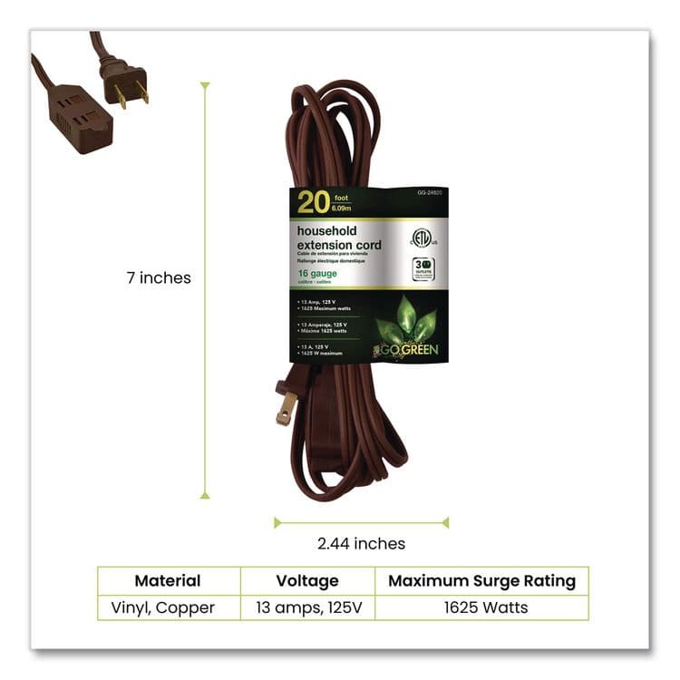 GOGREEN POWER Household Extension Cord, 20 ft, 13 A, Brown, 3/Pack (GGPGG248203) thumbnail 4