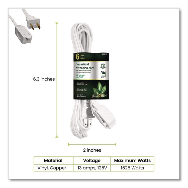 GOGREEN POWER Household Extension Cord, 6 ft, 13 A, White 10/Pack (GGPGG2470610) thumbnail 2