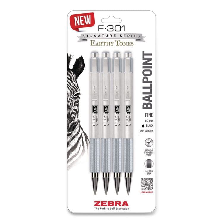 ZEBRA PEN CORP. F-301 Signature Series Earthy Tones Ballpoint Pen, Retractable, Fine 0.7 mm, Black Ink, Pewter Barrel, 4/Pack (ZEB27214)