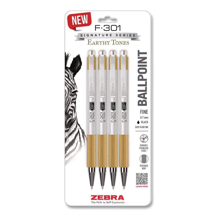 ZEBRA PEN CORP. F-301 Signature Series Earthy Tones Ballpoint Pen, Retractable, Fine 0.7 mm, Black Ink, Sandstone Barrel, 4/Pack (ZEB27254)
