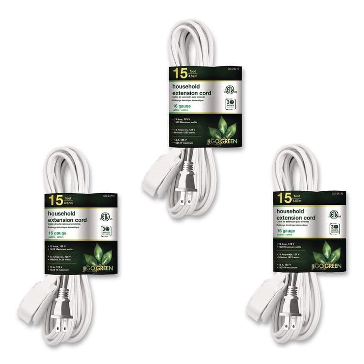 GOGREEN POWER Household Extension Cord, 15 ft, 13 A, White, 3/Pack (GGPGG247153)