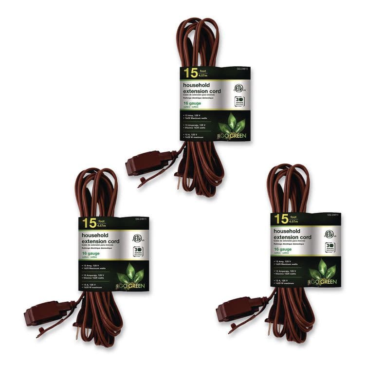 GOGREEN POWER Household Extension Cord, 15 ft, 13 A, Brown, 3/Pack (GGPGG248153)