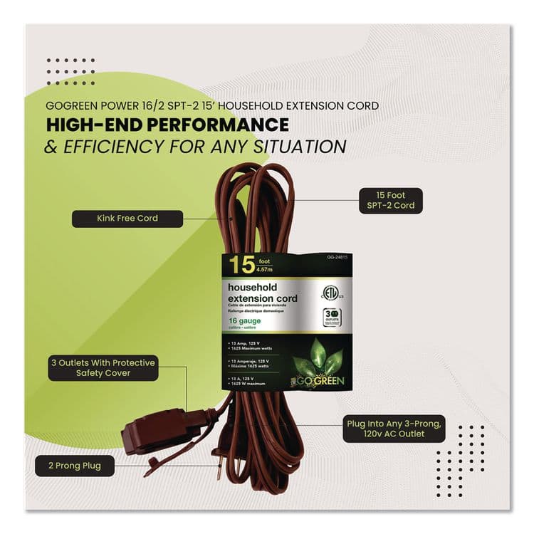 GOGREEN POWER Household Extension Cord, 15 ft, 13 A, Brown, 3/Pack (GGPGG248153) thumbnail 4