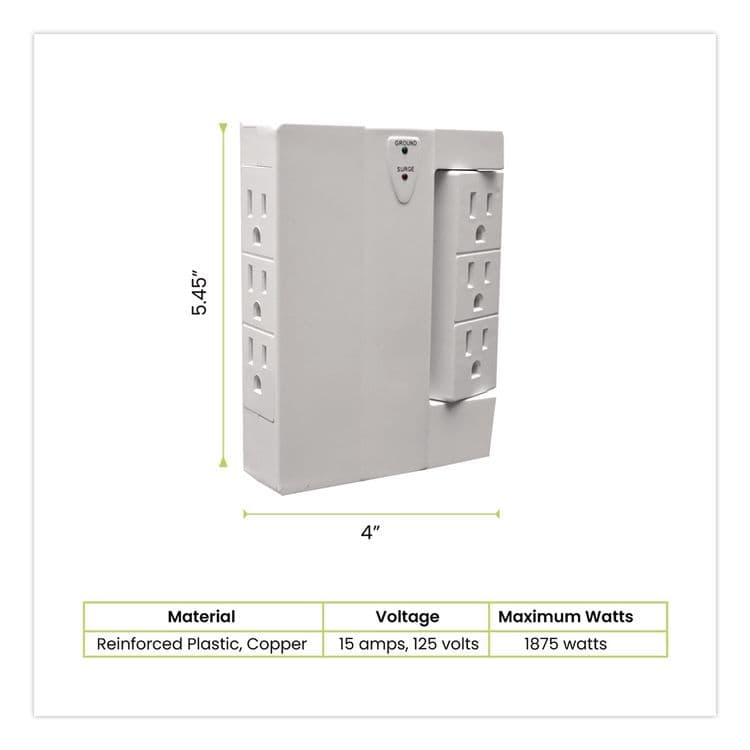 GOGREEN POWER 6 Outlet Swivel Wall Tap with Surge Protection, 1,000 J, White (GGPGG16310TSW) thumbnail 2