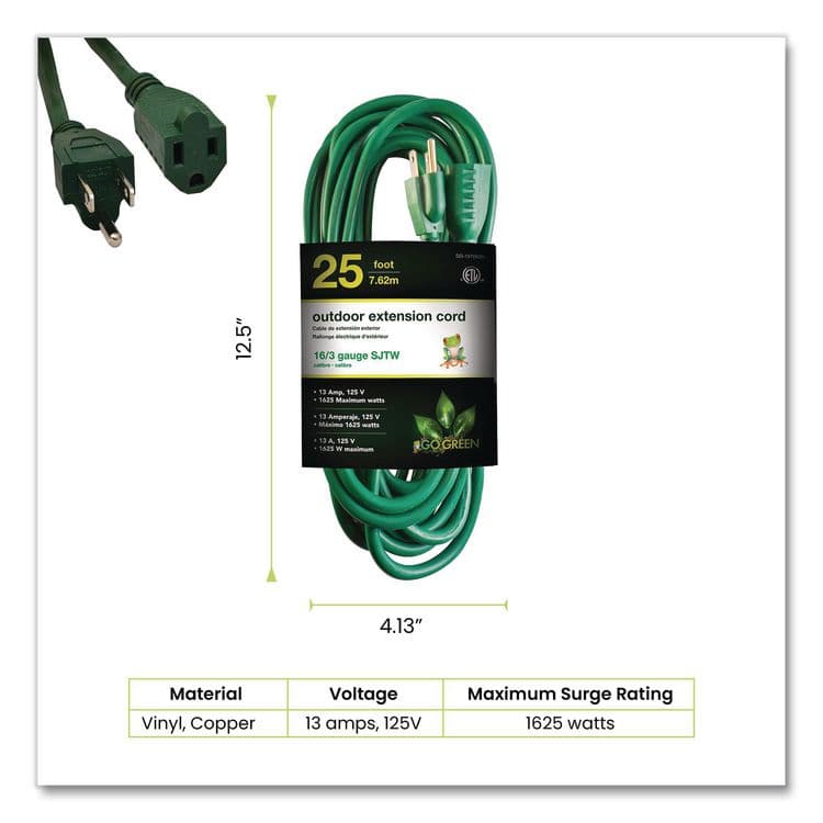 GOGREEN POWER 16 AWG Outdoor Extension Cord, 25 ft, 13 A, Green (GGPGG13725GN) thumbnail 2