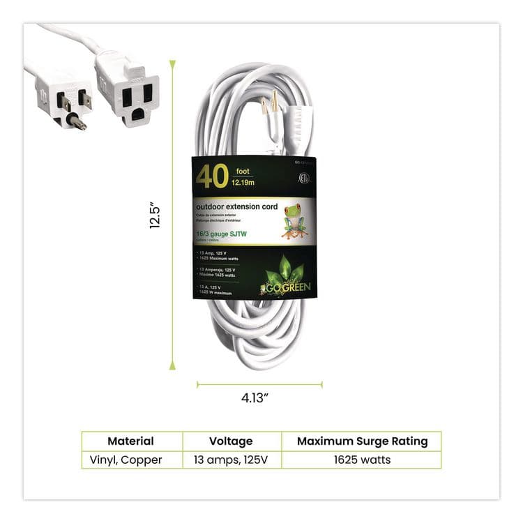 GOGREEN POWER 16 AWG Outdoor Extension Cord, 40 ft, 13 A, White (GGPGG13740WH) thumbnail 2