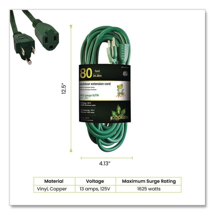 GOGREEN POWER 16 AWG Outdoor Extension Cord, 80 ft, 10 A, Green (GGPGG13780GN) thumbnail 2