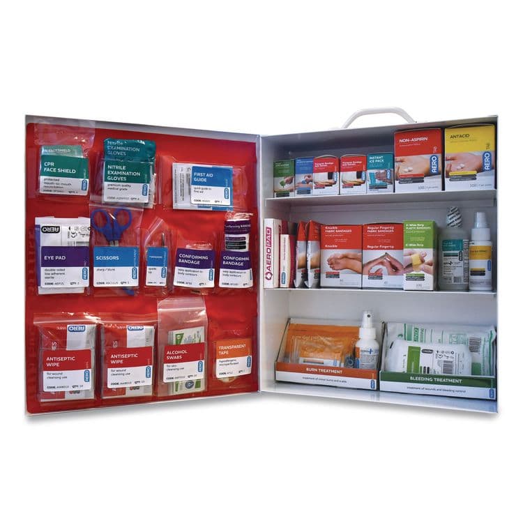 AERO HEALTHCARE 100 Series Class A 3-Shelf First Aid Cabinet - Meds 100 Person, 576 Pieces, Metal Case (AOHSF100AMT)