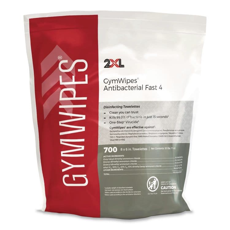 2XL CORPORATION, . Antibacterial Gym Wipes Refill, 1-Ply, 6 x 8, Unscented, White, 700 Wipes/Pack, 4 Packs/Carton (TXLL101)