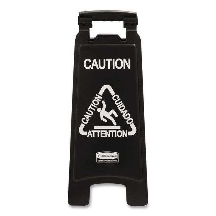 RUBBERMAID COMMERCIAL PROD. Executive 2-Sided Multi-Lingual Caution Sign, Black/White, 10.9 x 26.1 (RCP1867505) thumbnail 2