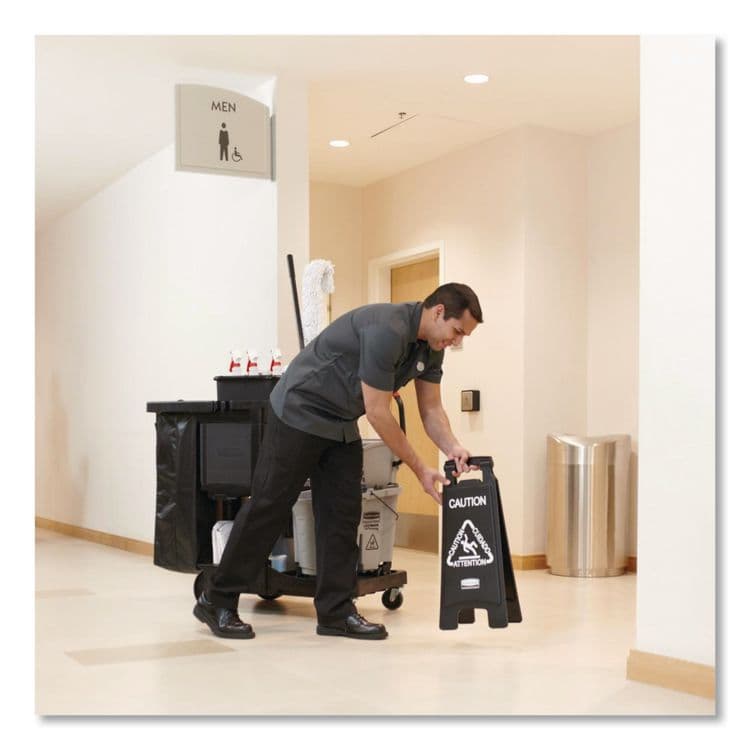 RUBBERMAID COMMERCIAL PROD. Executive 2-Sided Multi-Lingual Caution Sign, Black/White, 10.9 x 26.1 (RCP1867505) thumbnail 4