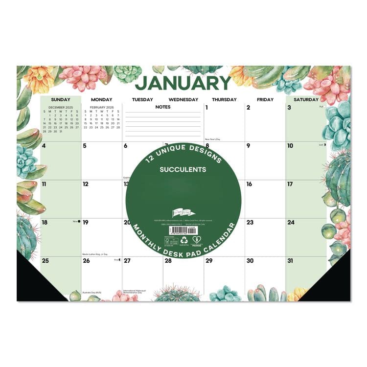 WILLOW CREEK PRESS Succulents Small Monthly Desk Pad Calendar, 17 x 12, White Sheets, Black Headband/Corners, 12-Month (Jan to Dec): 2026 (WPR57162) thumbnail 3