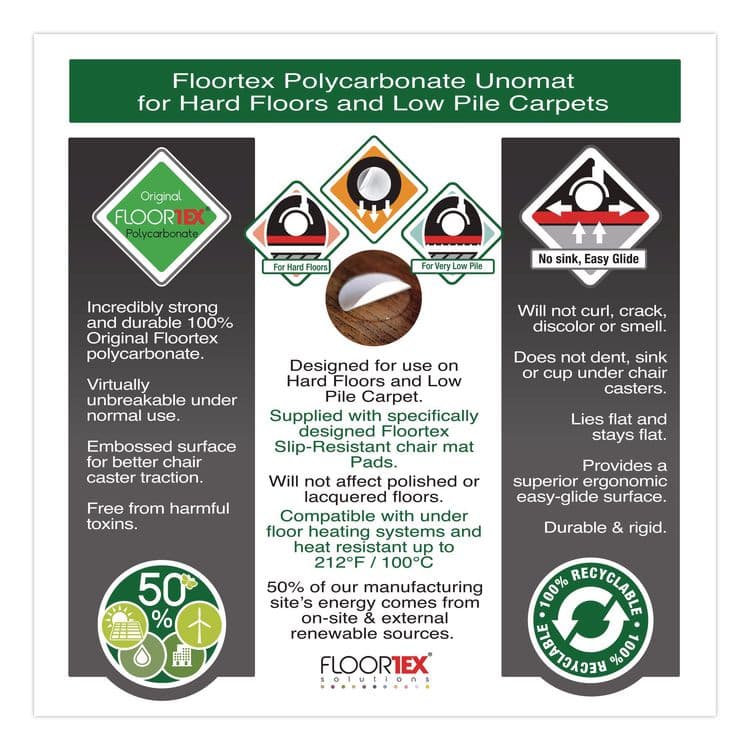 FLOORTEX Unomat Anti-Slip Polycarbonate Chair Mat for Hard Floors and Carpet Tiles, Rectangular, Straight Edges, 60" x 48", Clear (FLRNRCMFLPD0005) thumbnail 3