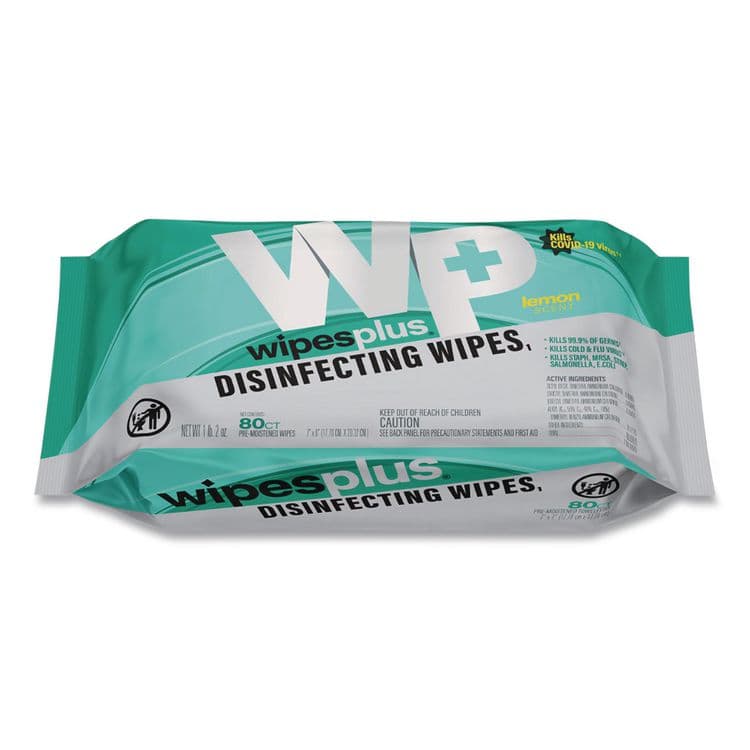 CFS BRANDS WipesPlus Disinfecting Surface Wipes, Flat Pack, 1-Ply, 7 x 8, Lemon, White, 80 Wipes/Refill Pack, 12 Packs/Carton (CFS37701)
