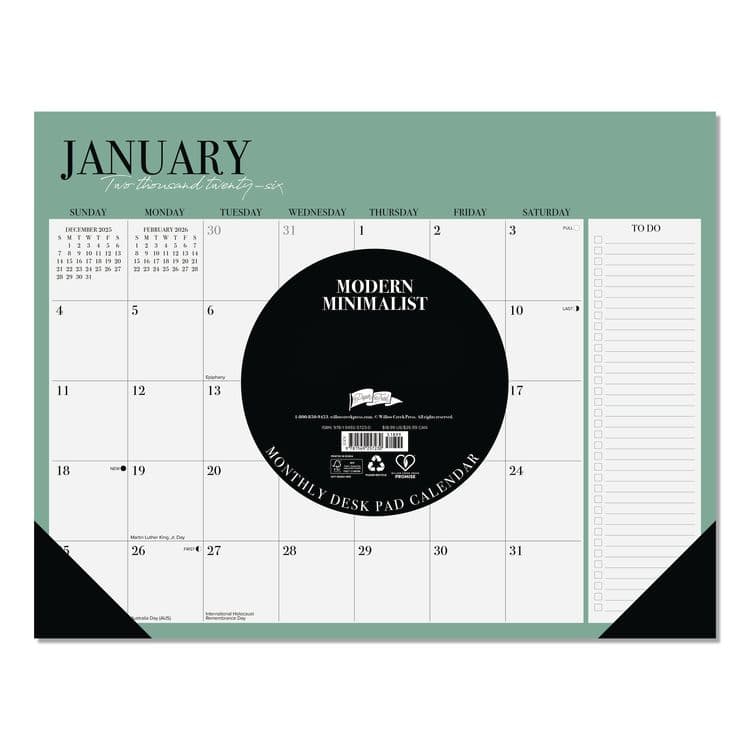 WILLOW CREEK PRESS Modern Minimalist Large Monthly Desk Pad Calendar, 22x17, White/Teal Sheets, Black Headband/Corners, 12-Month (Jan-Dec) 2026 (WPR57230) thumbnail 3