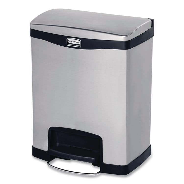 RUBBERMAID COMMERCIAL PROD. Slim Jim Stainless Steel Step-On Container, Front Step Style, 8 gal, Stainless Steel, Black (RCP1901985)