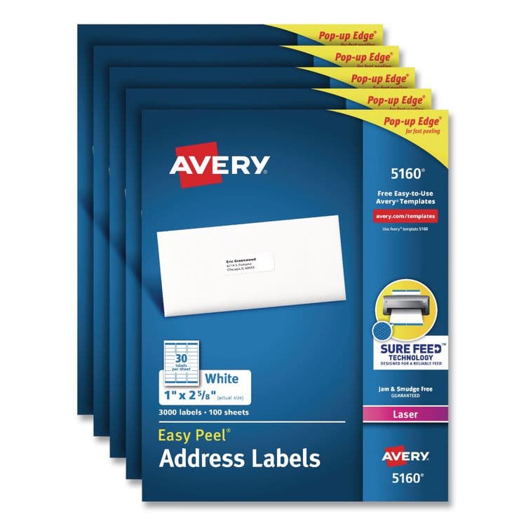 AVERY PRODUCTS CORPORATION Easy Peel White Address Labels with Sure Feed Technology, Laser, 1 x 2.63, 30/Sheet, 100 Sheets/Pack, 5 Packs/Carton (AVE5160CT)