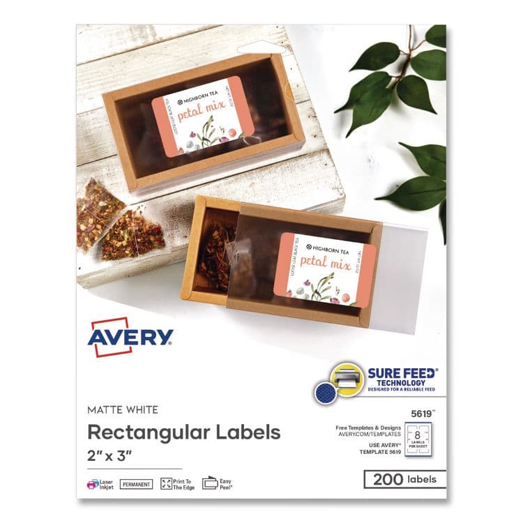 AVERY PRODUCTS CORPORATION Rectangular Labels with Sure Feed Technology, Inkjet/Laser, 2 x 3, Matte White, 8 Labels/Sheet, 25 Sheets/Pack (AVE05619)